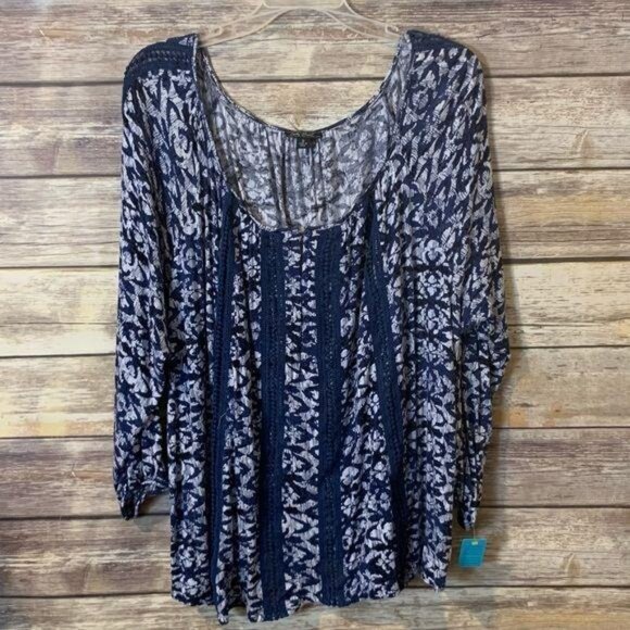 Lucky Brand Top S Small Blouse Blue Scoop Lace Oversized Loose Fit - Picture 2 of 5